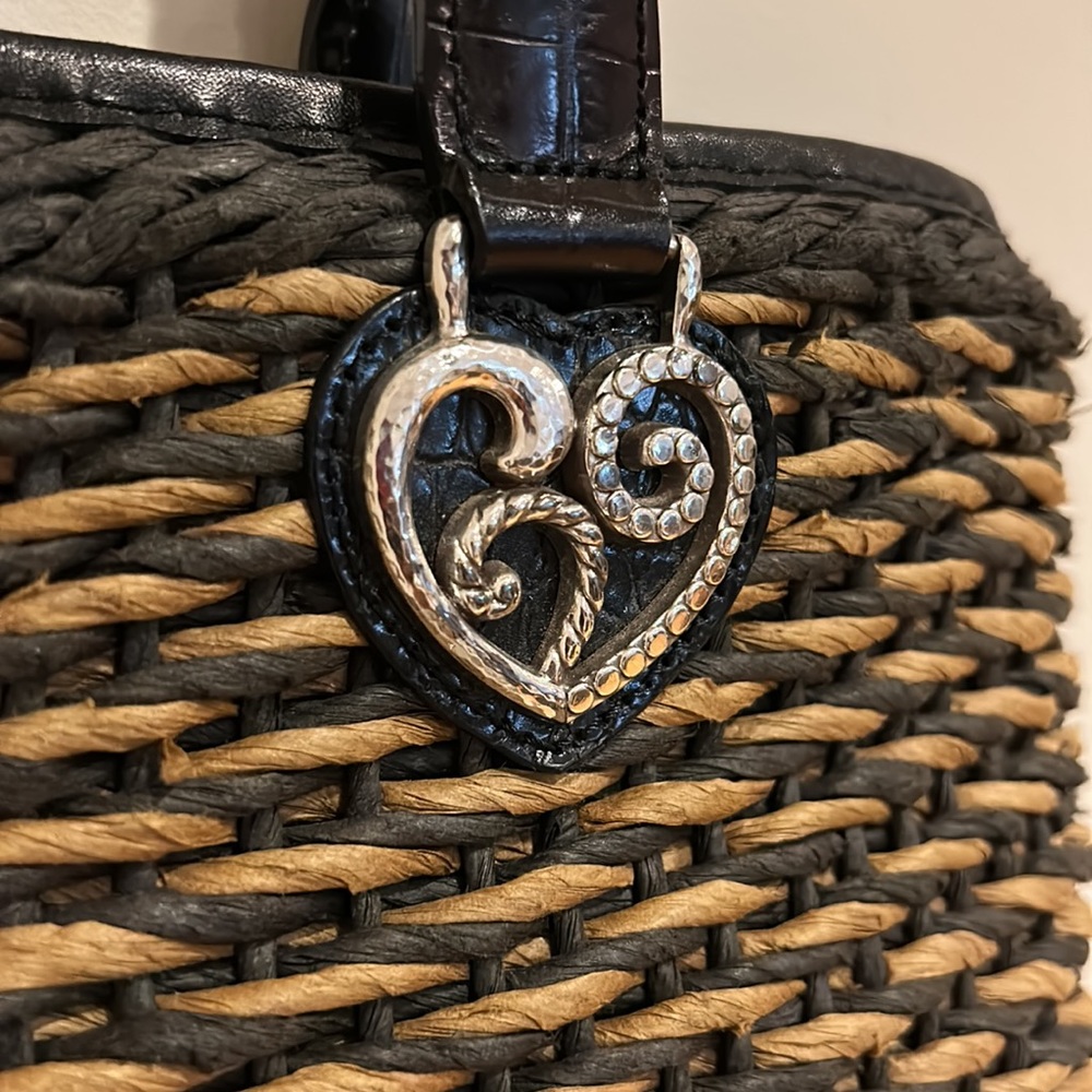 ✨ BRIGHTON ✨ Vintage Raffia Weave Straw Leather Trim Black/Brown Bucket Bag - Picture 7 of 16